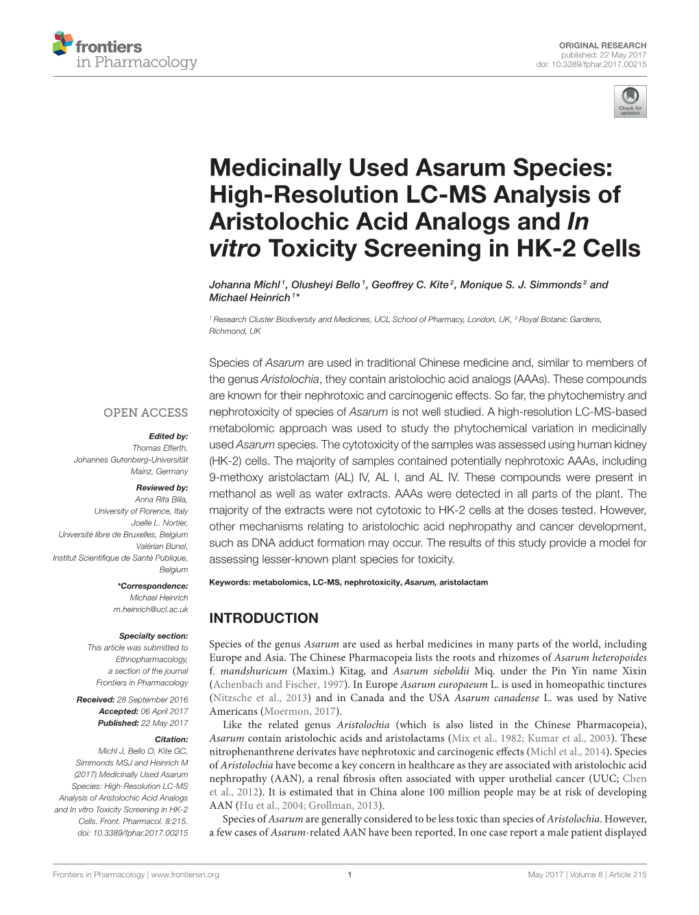 High-Resolution LC-MS Analysis of Aristolochic Acid Analogs and in Vitro Toxicity Screening in HK-2 Cells