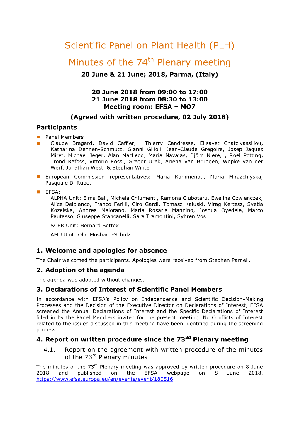 PLH) Minutes of the 74Th Plenary Meeting 20 June & 21 June; 2018, Parma, (Italy