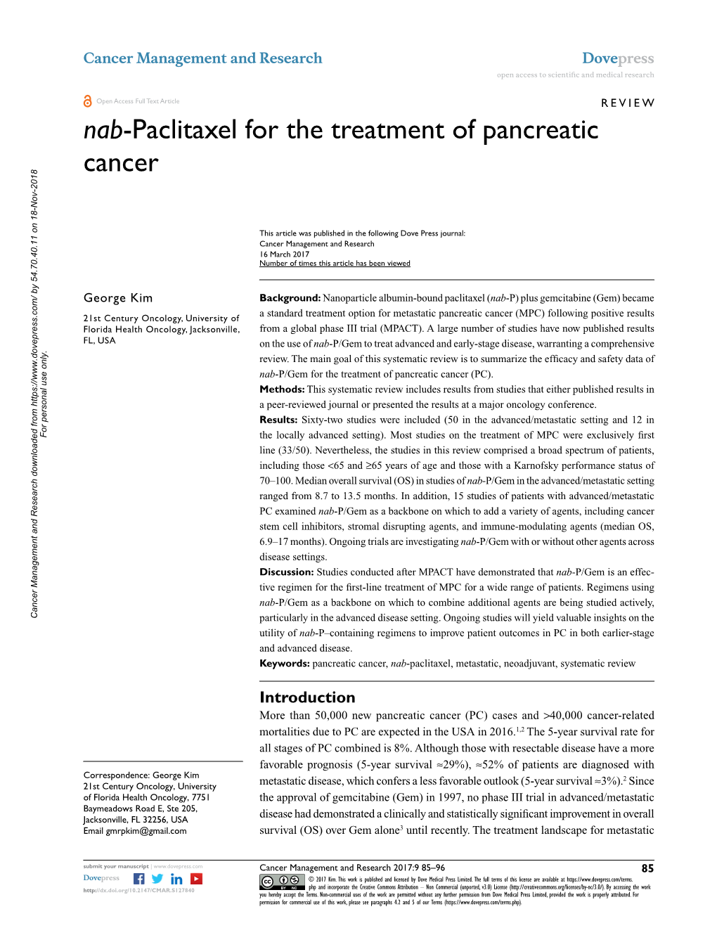 Nab-Paclitaxel for the Treatment of Pancreatic Cancer Open Access to Scientific and Medical Research DOI