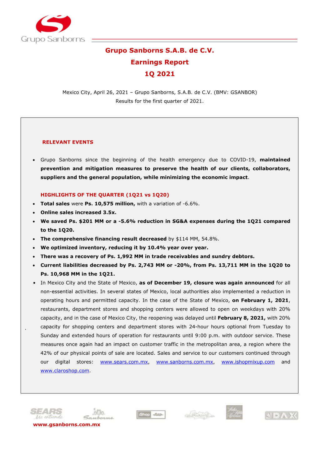 Grupo Sanborns S.A.B. De C.V. Earnings Report 1Q 2021