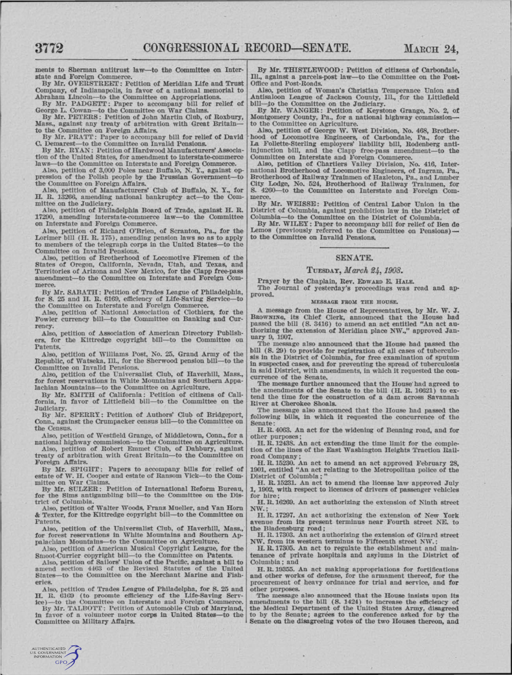 CONGRESSIONAL RECORD-SENATE. ~Faroh 24, Ments to Sherman Antitrust Law-To the Committee on Inter­ by 1\Ir