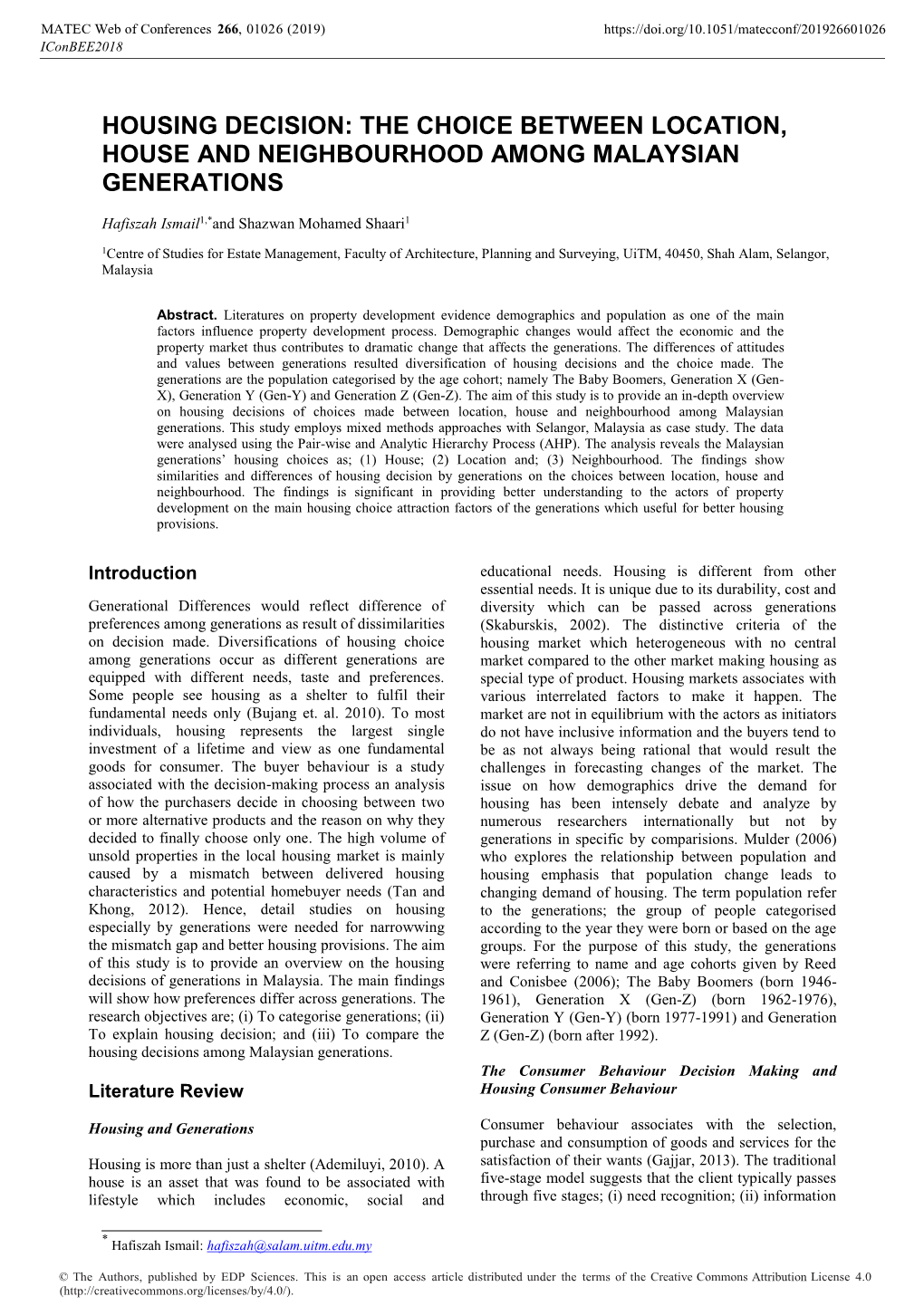 Housing Decision: the Choice Between Location, House and Neighbourhood Among Malaysian Generations