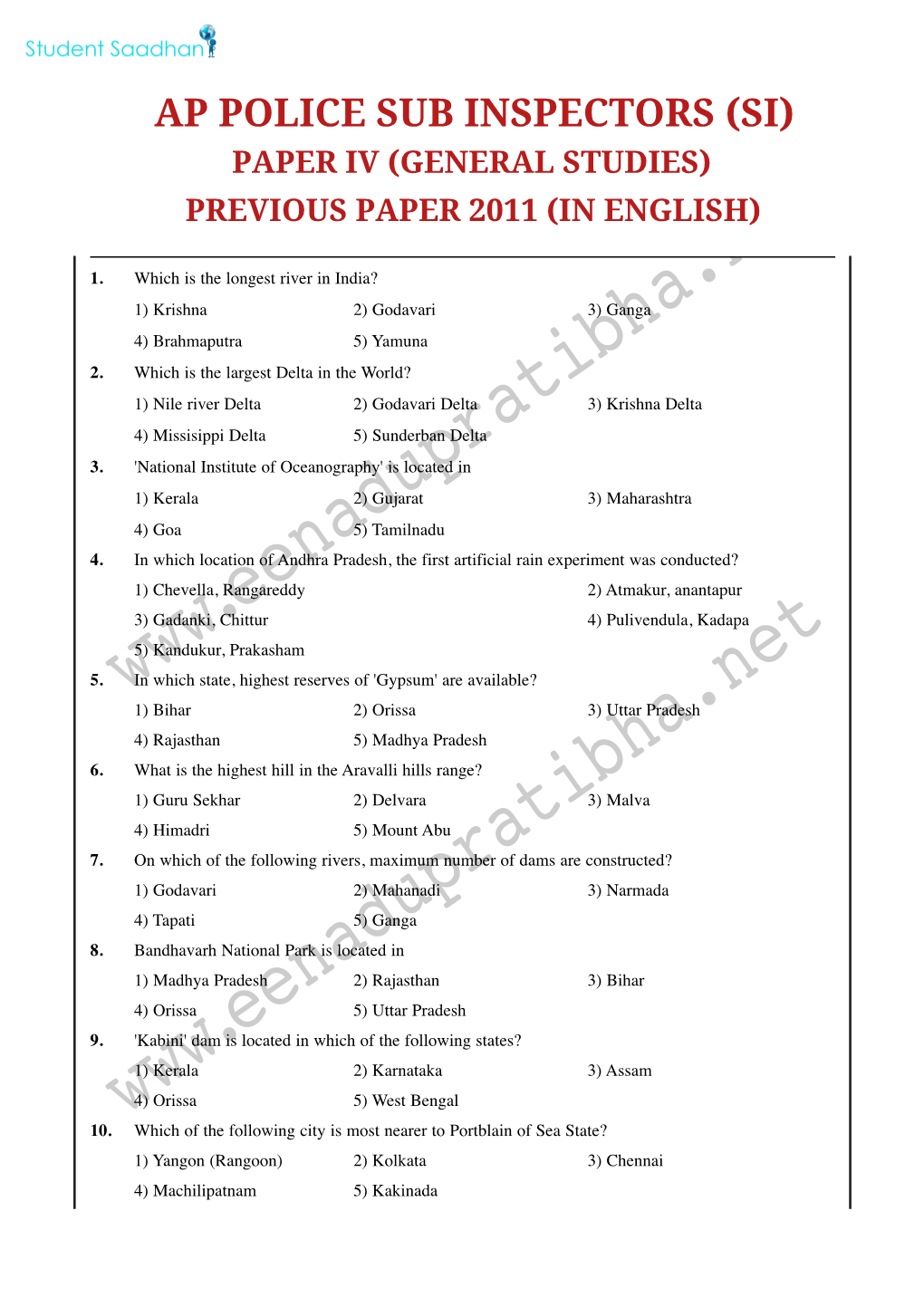 Police S.I Exam 2011 Paper Iv General Studies Question