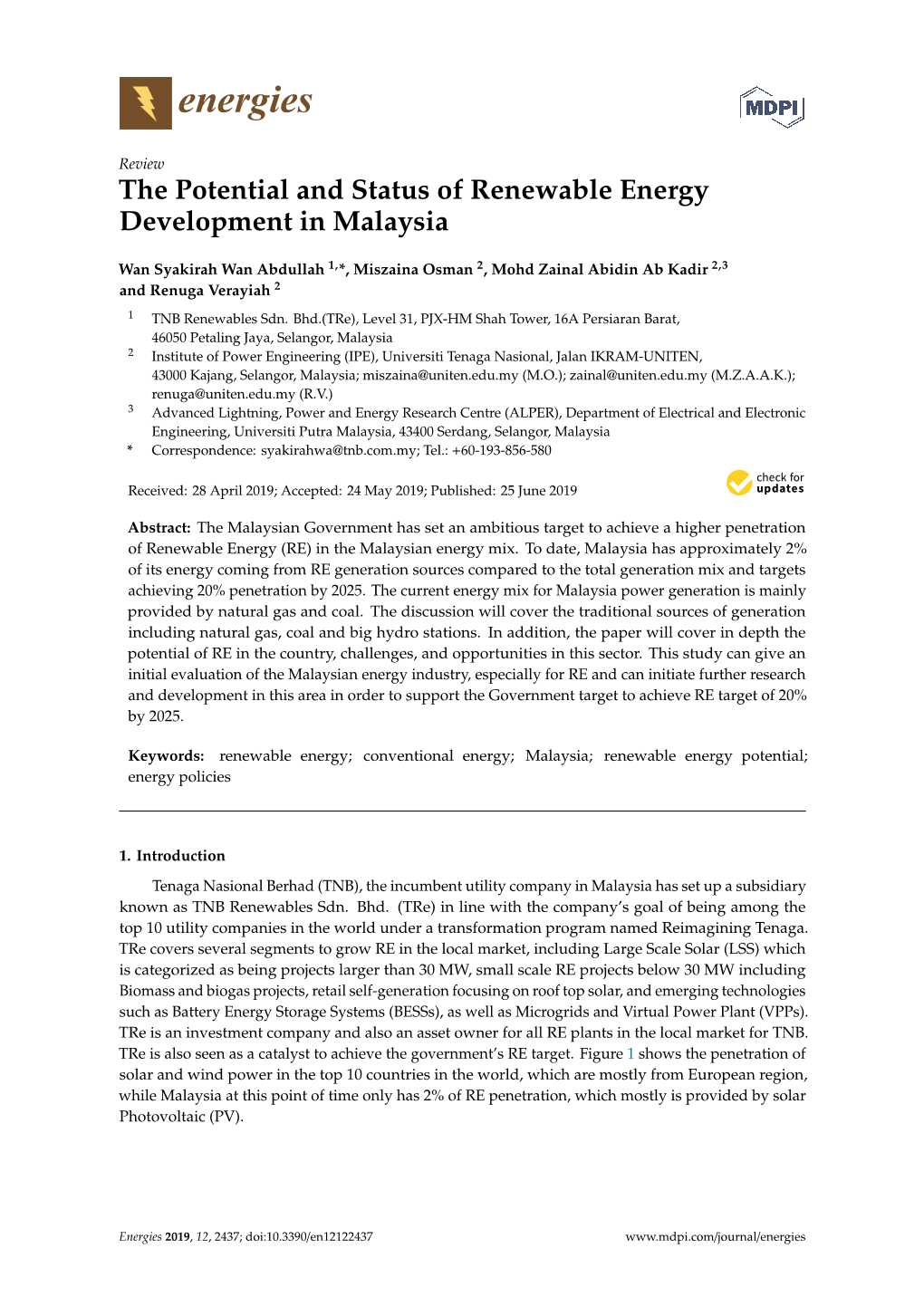 The Potential and Status of Renewable Energy Development in Malaysia