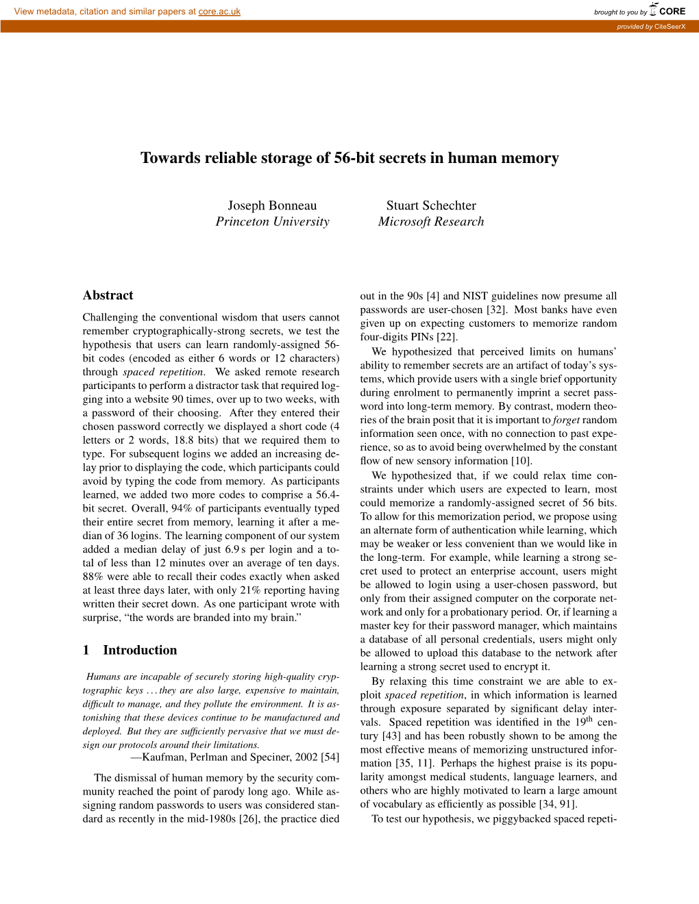 Towards Reliable Storage of 56-Bit Secrets in Human Memory