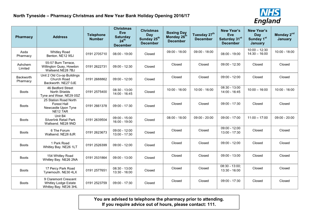 North Tyneside – Pharmacy Christmas and New Year Bank Holiday Opening 2016/17