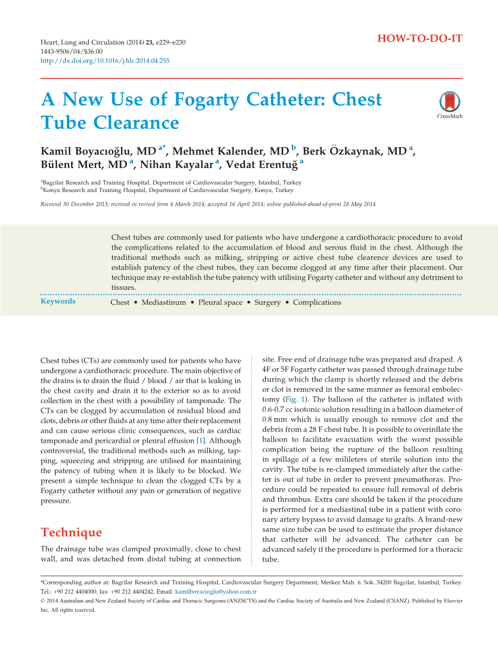 A New Use of Fogarty Catheter: Chest Tube Clearance