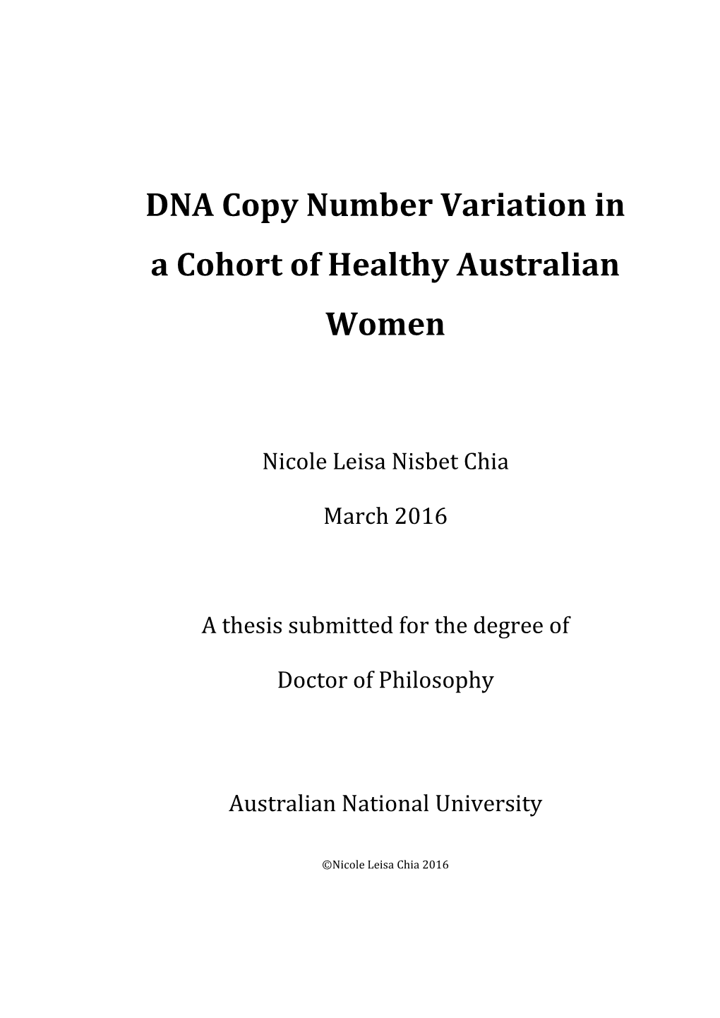 DNA Copy Number Variation in a Cohort of Healthy Australian Women