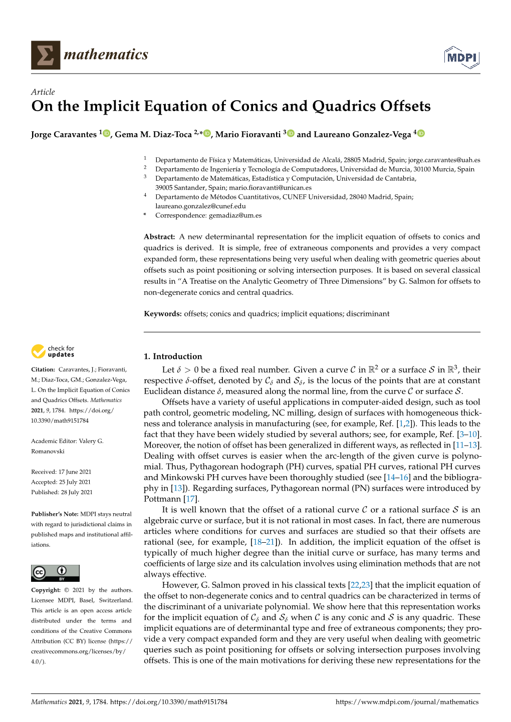 On the Implicit Equation of Conics and Quadrics Offsets