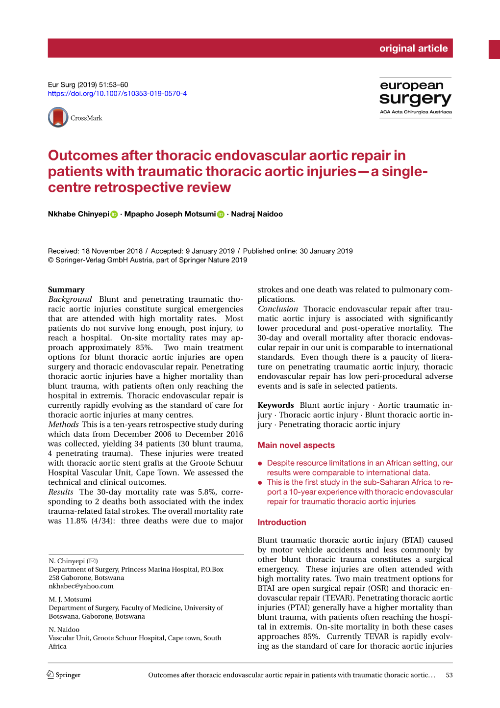 Outcomes After Thoracic Endovascular Aortic Repair in Patients with Traumatic Thoracic Aortic Injuries—A Single- Centre Retrospective Review