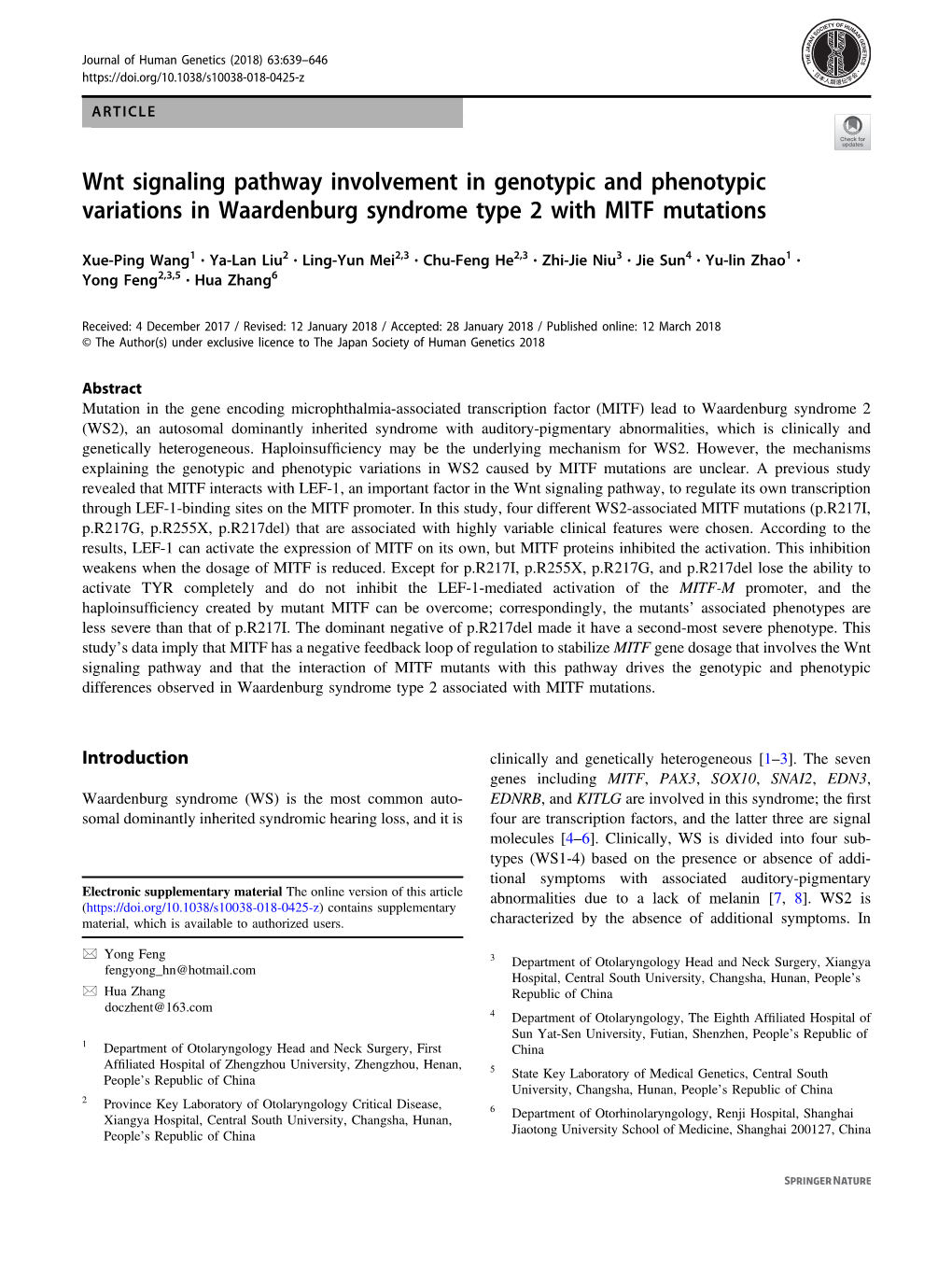 Wnt Signaling Pathway Involvement in Genotypic and Phenotypic Variations in Waardenburg Syndrome Type 2 with MITF Mutations