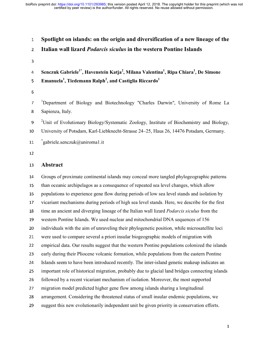 Spotlight on Islands: on the Origin and Diversification of a New Lineage of the 2 Italian Wall Lizard Podarcis Siculus in the Western Pontine Islands