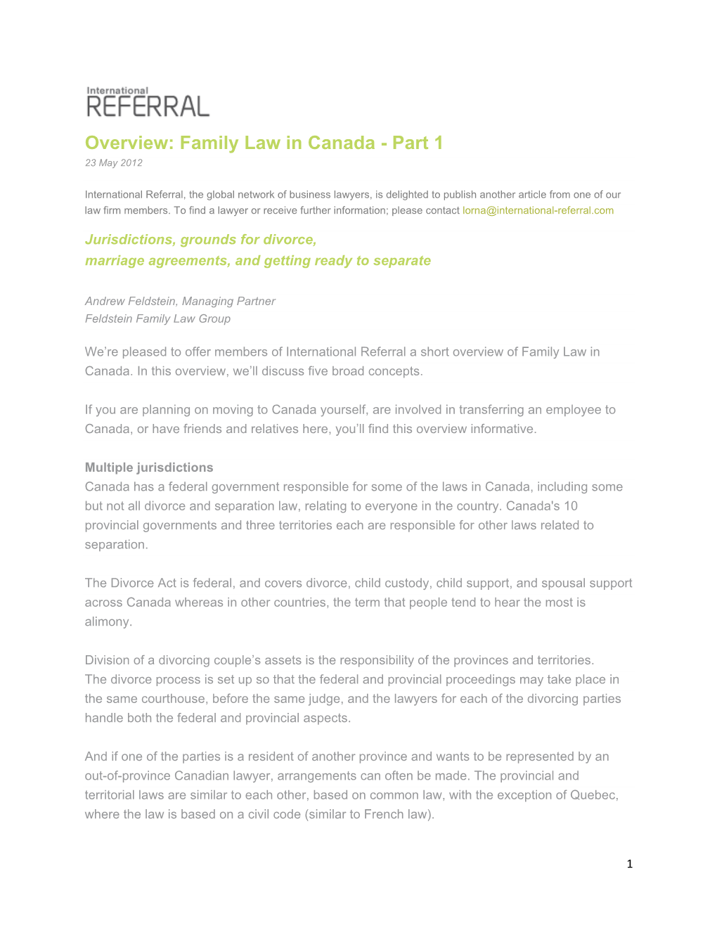 Overview: Family Law in Canada - Part 1 23 May 2012
