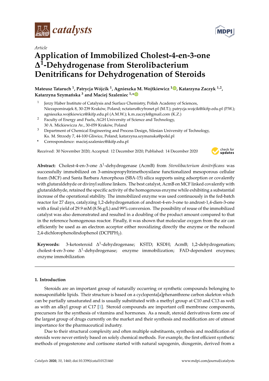 Application of Immobilized Cholest-4-En-3-One 1-Dehydrogenase from Sterolibacterium Denitrificans for Dehydrogenation of Steroid