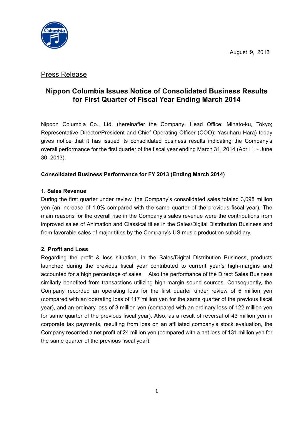 Press Release Nippon Columbia Issues Notice of Consolidated