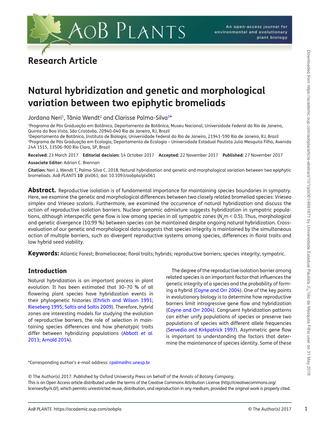 Natural Hybridization and Genetic and Morphological Variation Between Two Epiphytic Bromeliads