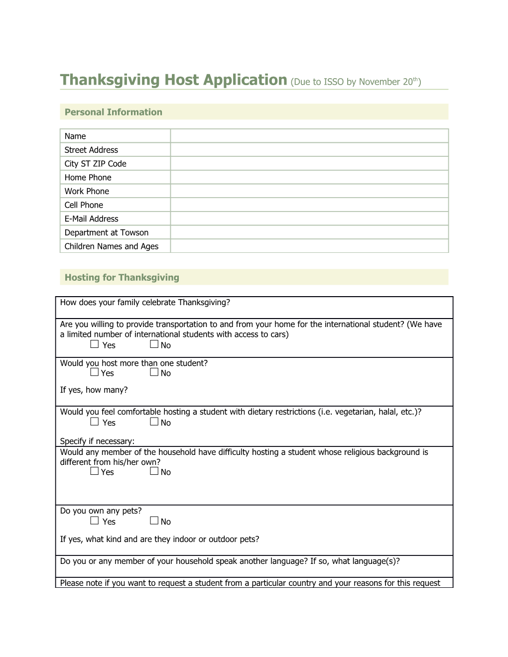 Thanksgiving Host Application (Due to ISSO by November 20Th)