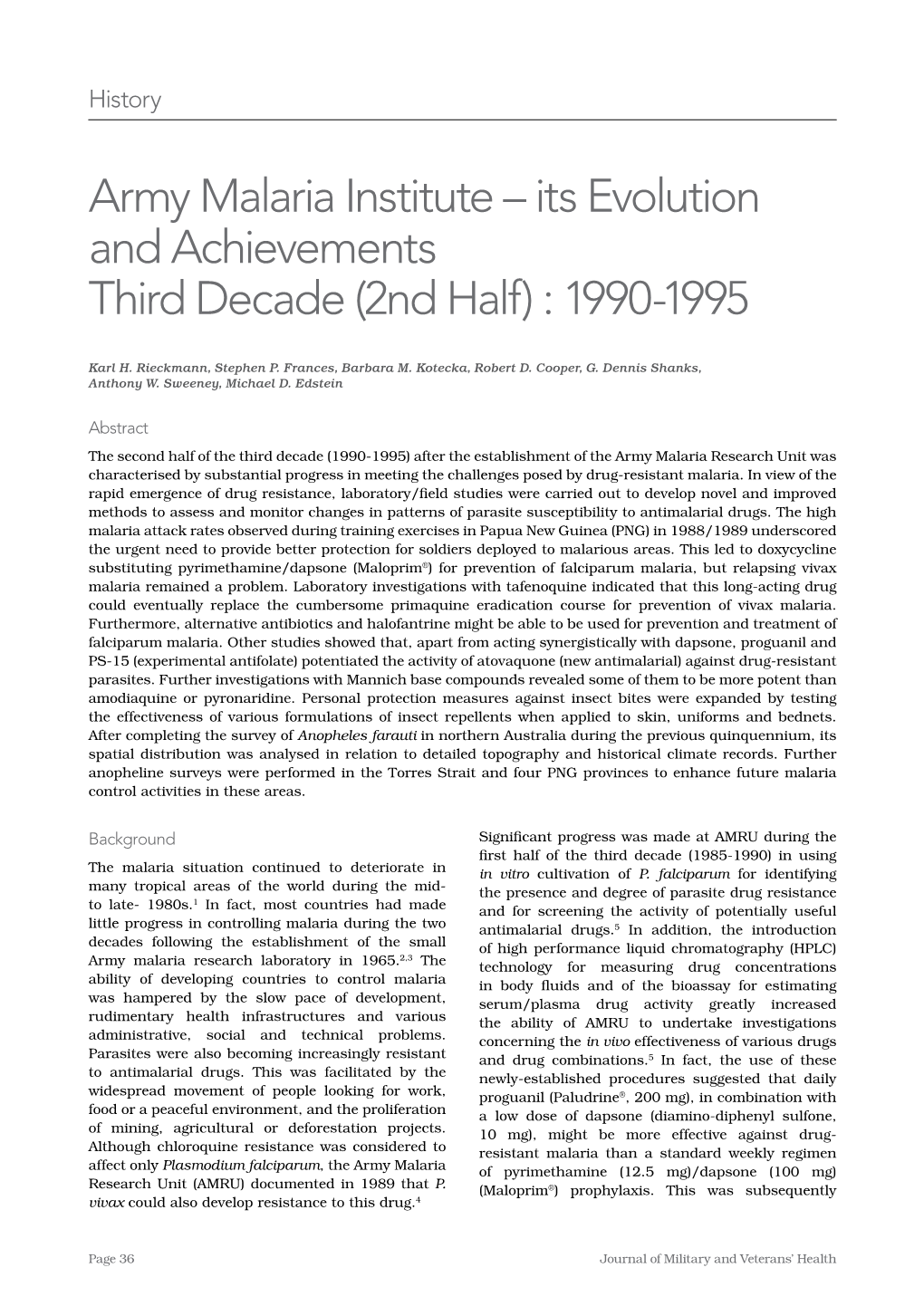 Army Malaria Institute – Its Evolution and Achievements Third Decade (2Nd Half) : 1990-1995