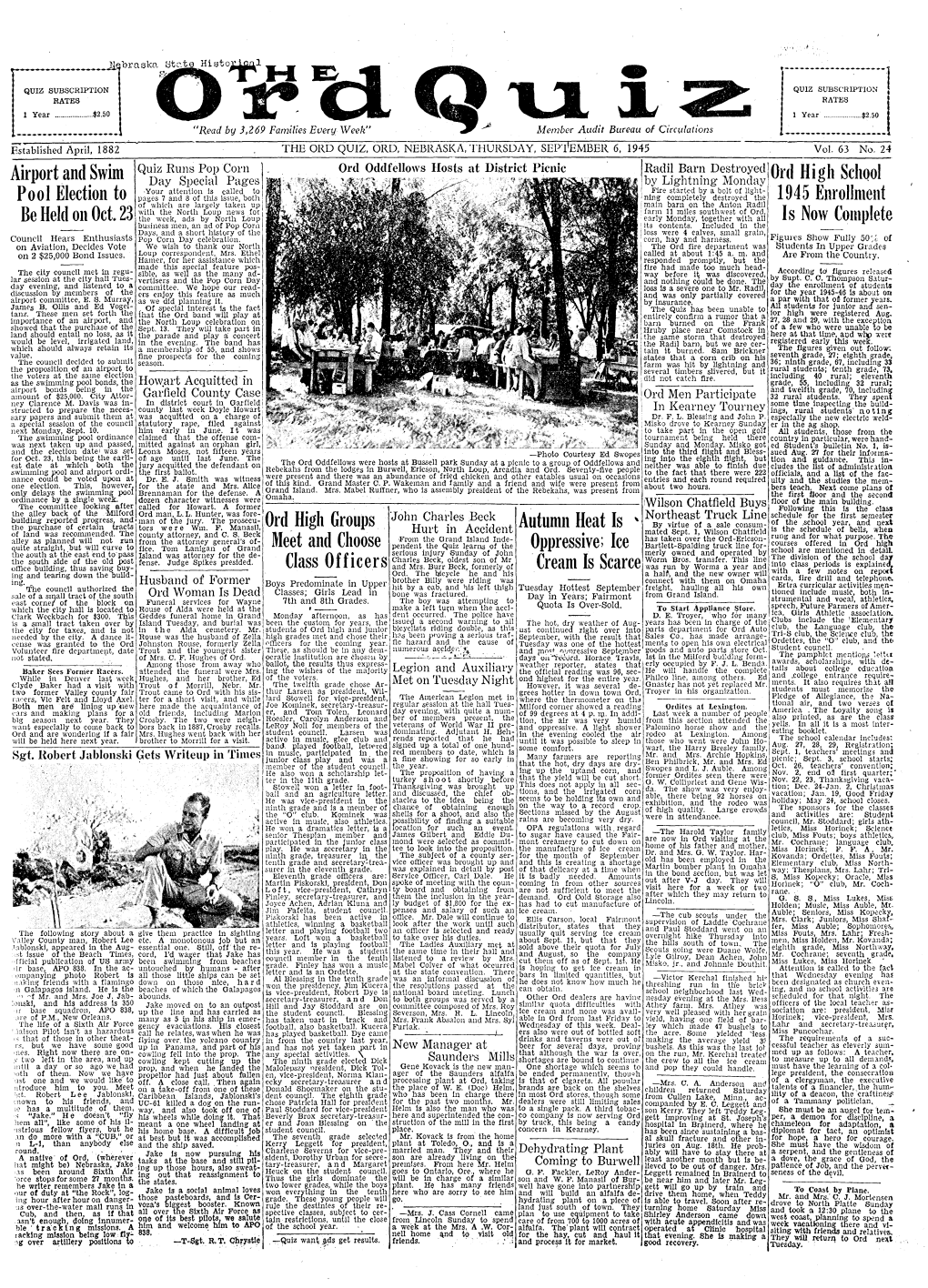 Circulations ------&Tablished April, 1882 the ORO QUIZ, ORO, NEBRASKA, THURSDAY, SEP'i\EMBER 6, 1945 Vol