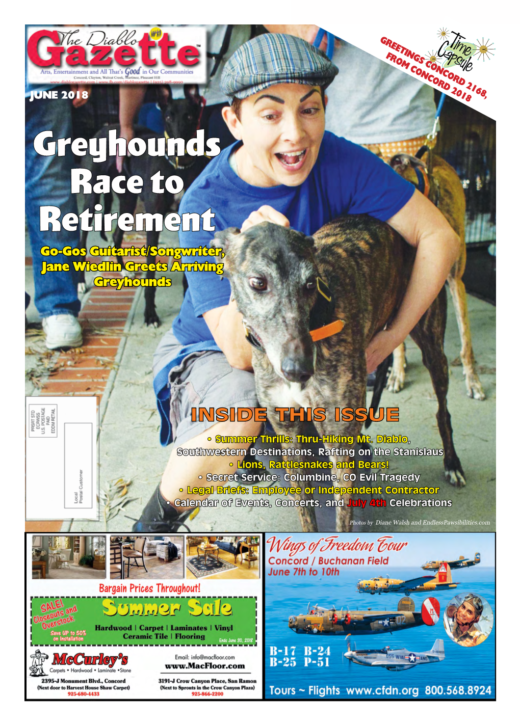 JUNE 2018 Greyhounds Race to Retirement Go-Gos Guitarist/Songwriter, Jane Wiedlin Greets Arriving Greyhounds