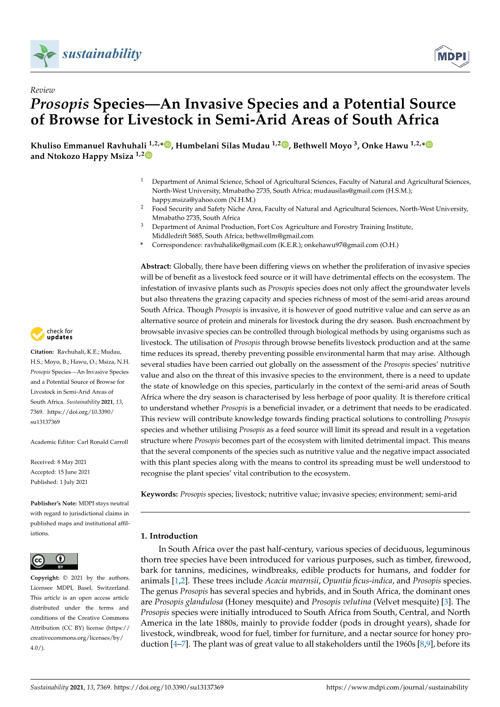 Prosopis Species—An Invasive Species and a Potential Source of Browse for Livestock in Semi-Arid Areas of South Africa