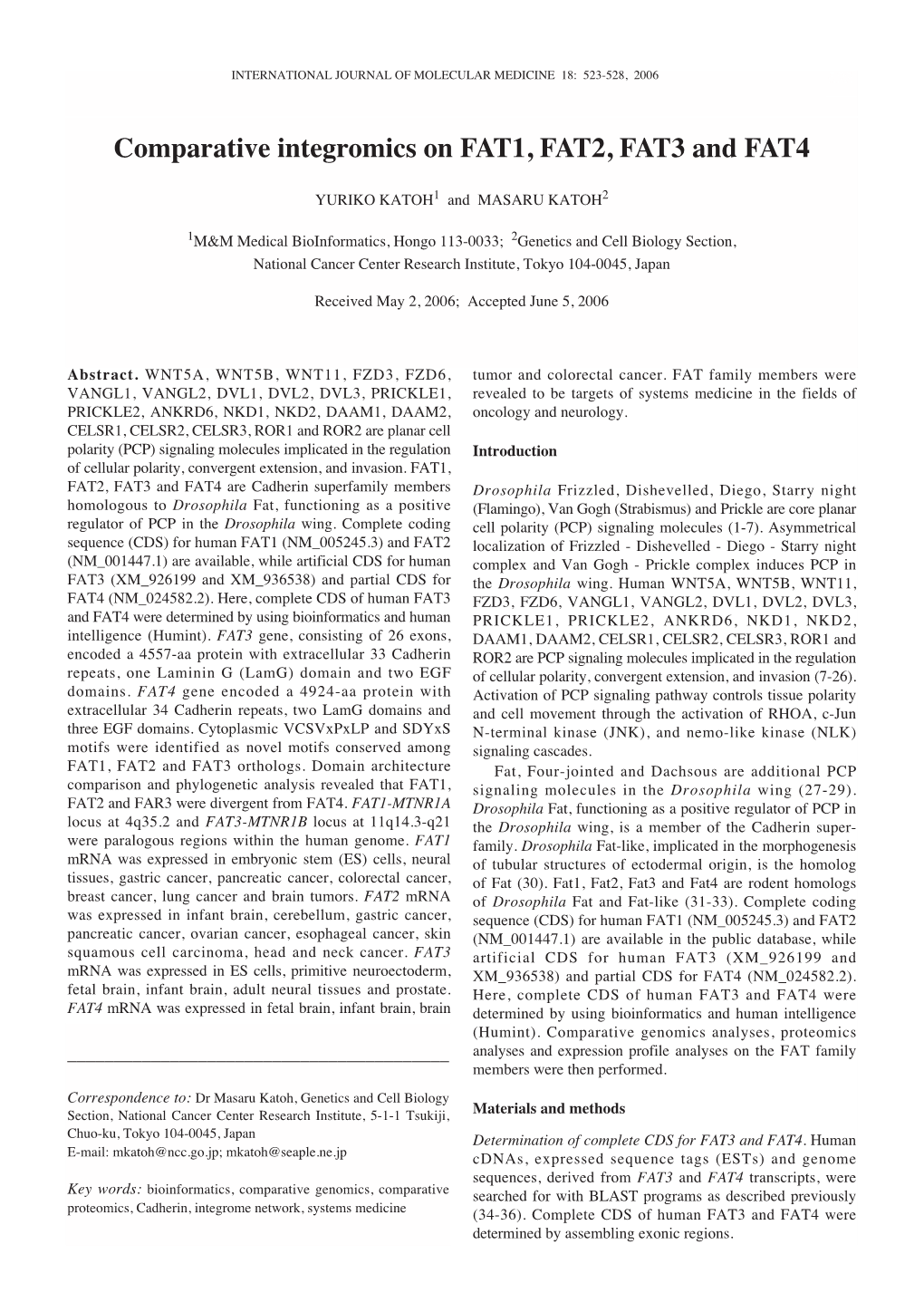 Comparative Integromics on FAT1, FAT2, FAT3 and FAT4