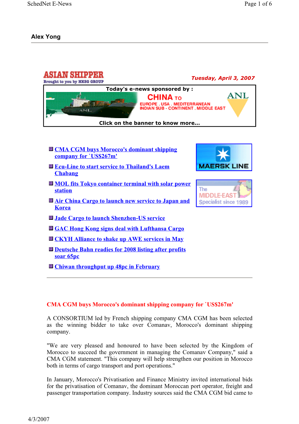 Alex Yong Page 1 of 6 Schednet E-News 4/3/2007 CMA CGM Buys