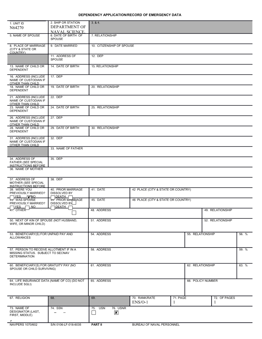 Record of Emergency Data (NAVPERS 1070/602)