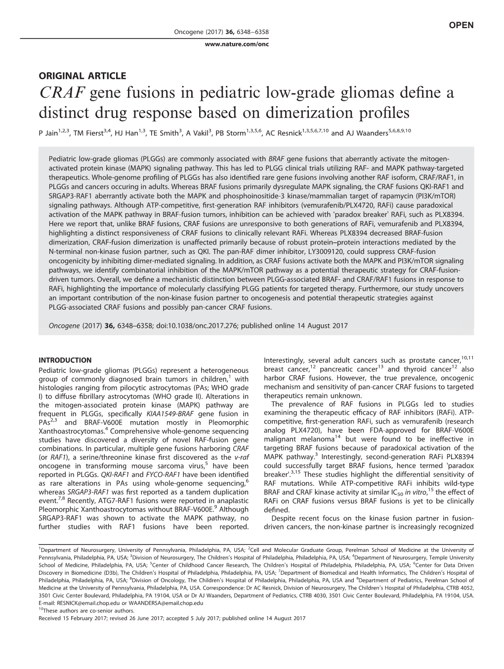 CRAF Gene Fusions in Pediatric Low-Grade Gliomas Define A