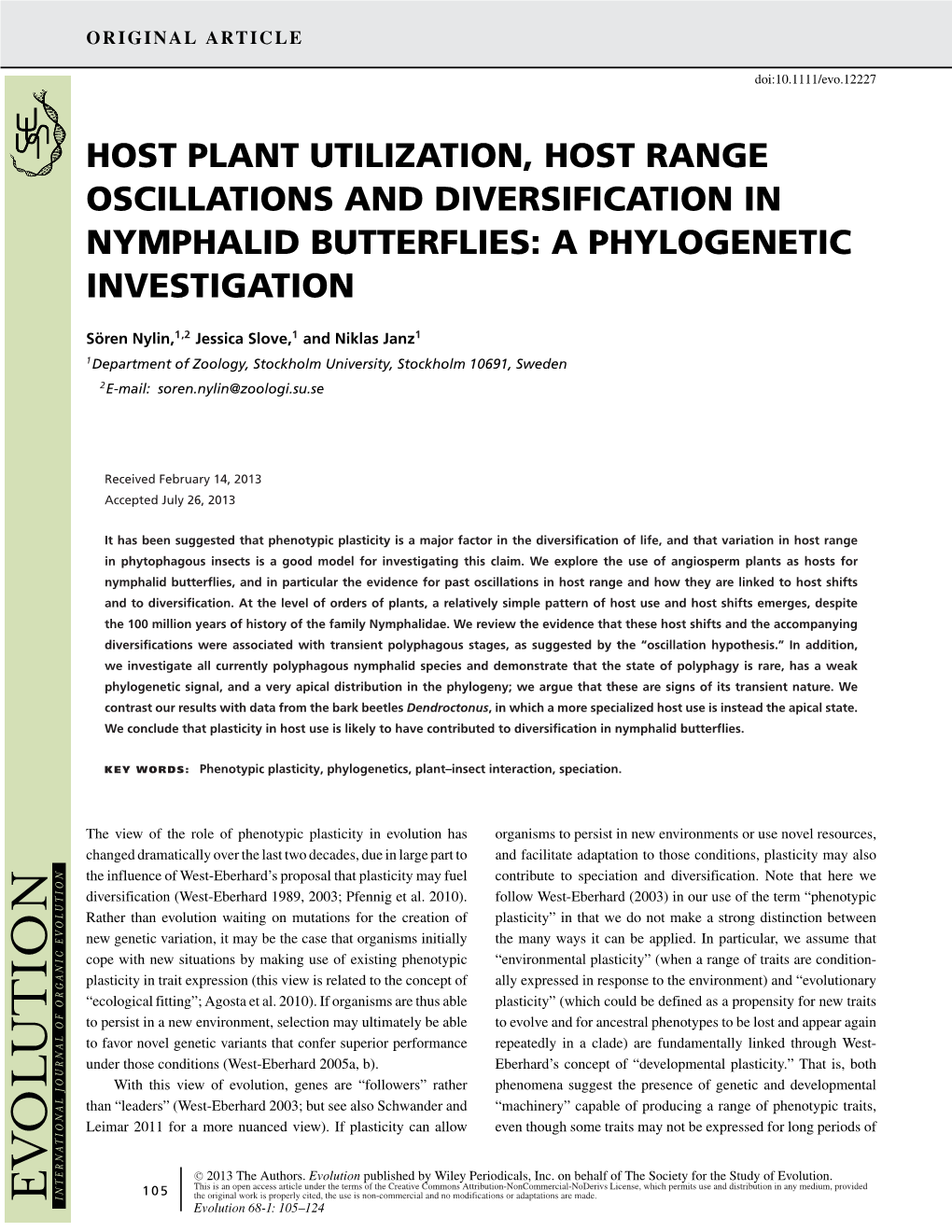 Host Plant Utilization, Host Range Oscillations and Diversification in Nymphalid Butterflies: a Phylogenetic Investigation