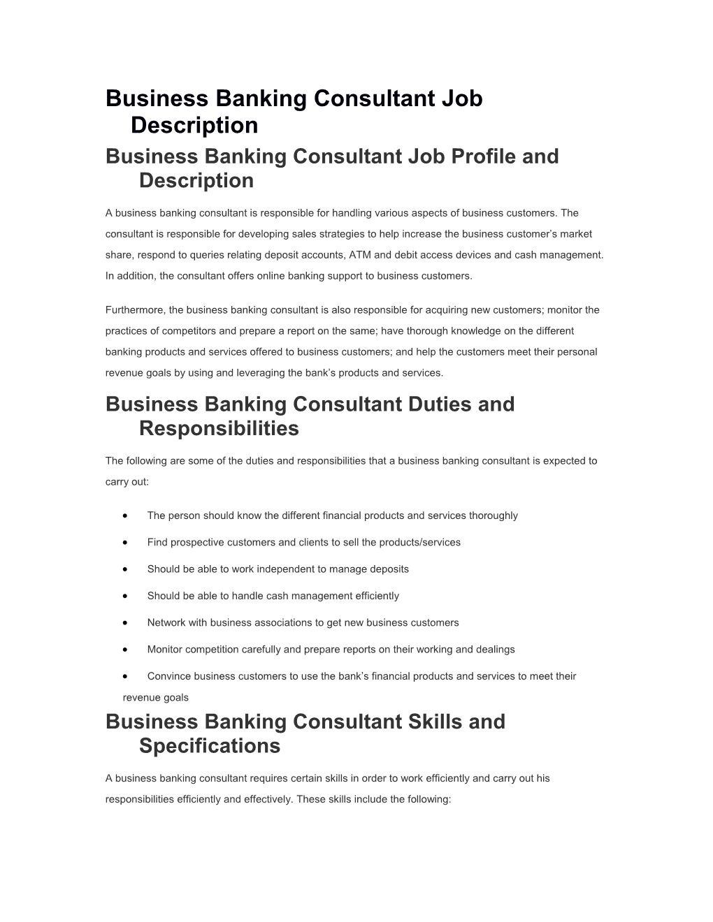 Business Banking Consultant Job Description