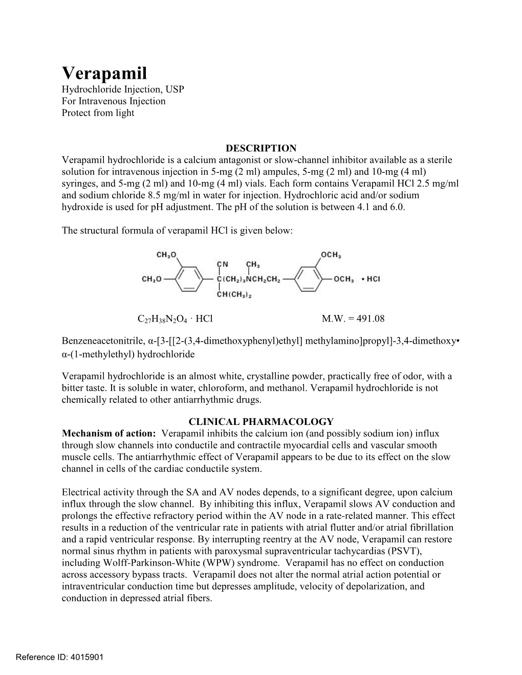 Verapamil Hydrochloride Injection, USP for Intravenous Injection Protect from Light