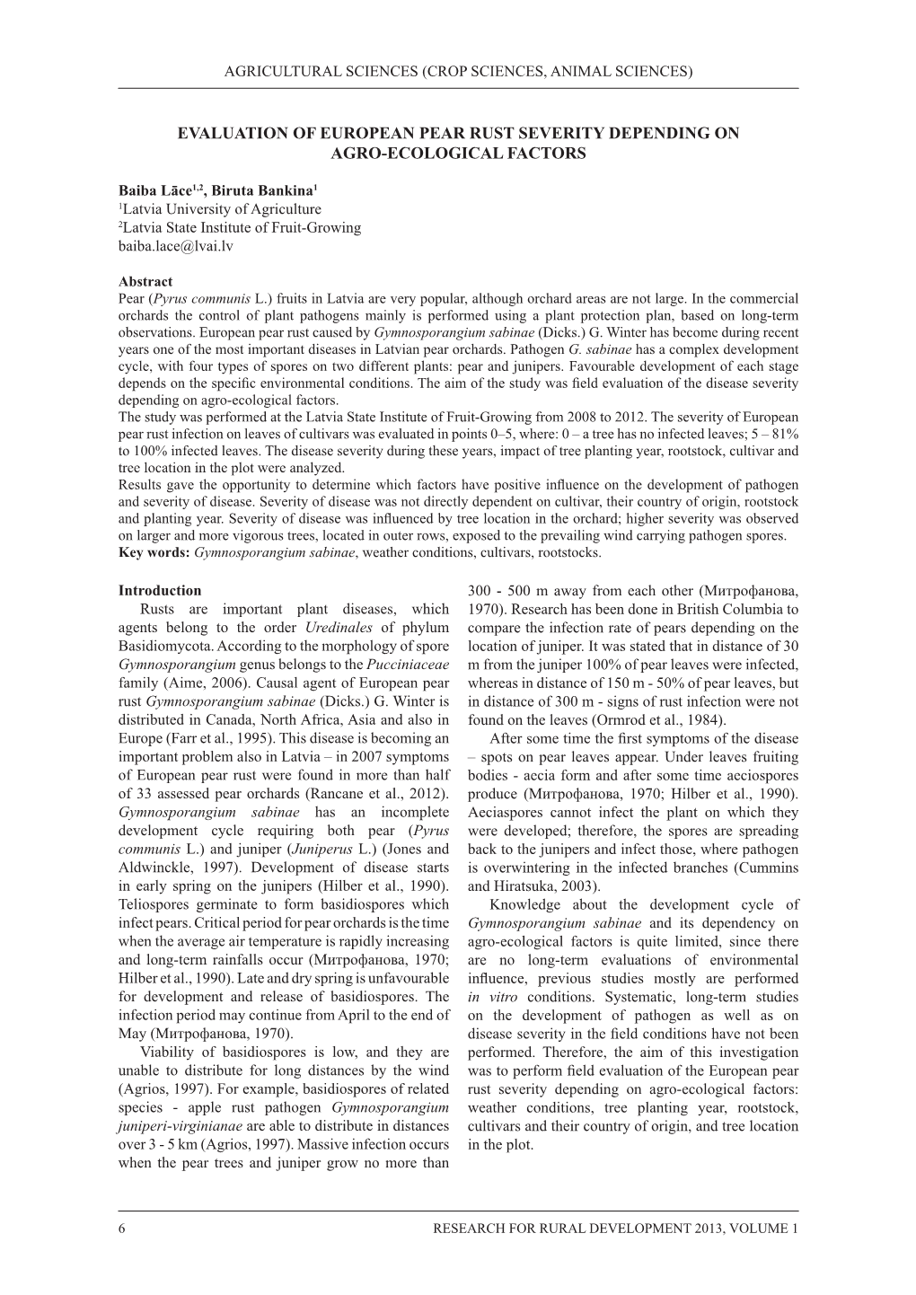 Evaluation of European Pear Rust Severity Depending on Agro-Ecological Factors