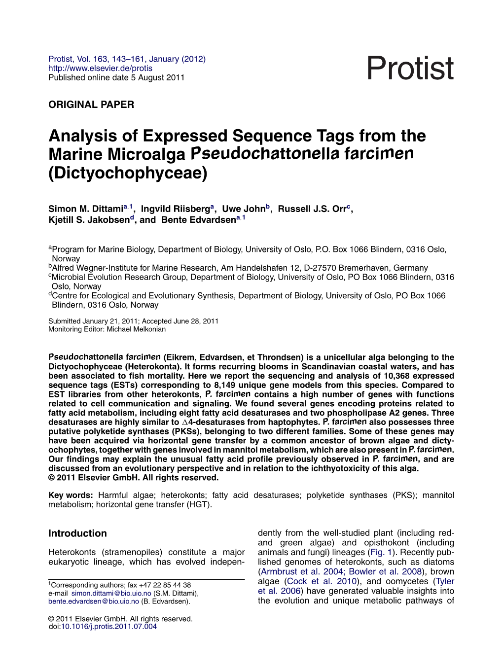 Analysis of Expressed Sequence Tags from the Marine Microalga