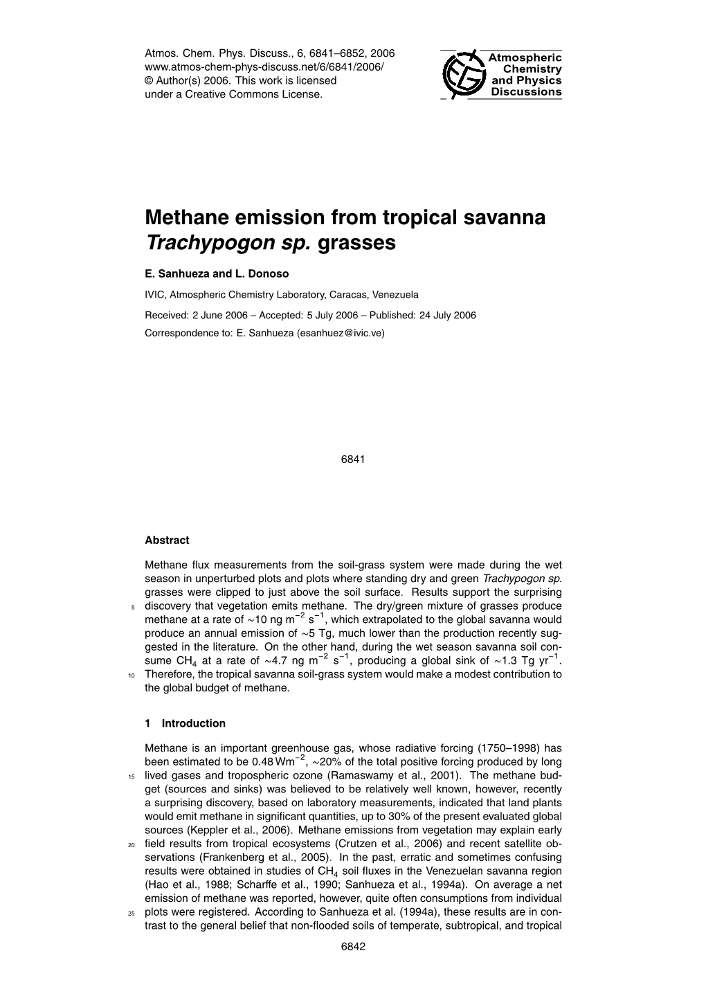 Methane Emission from Tropical Savanna Trachypogon Sp. Grasses