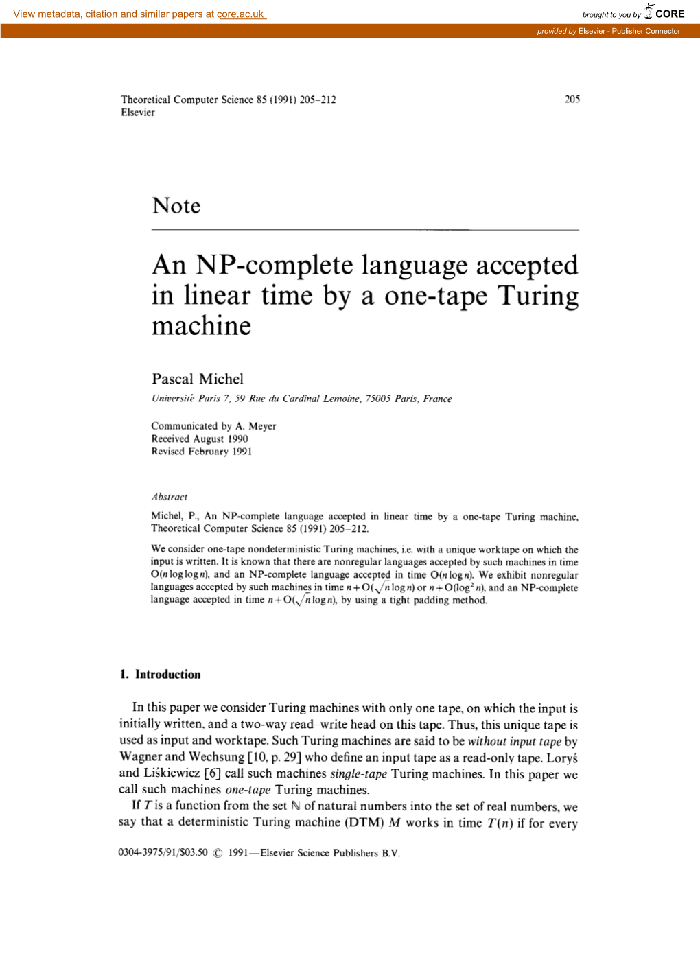 An NP-Complete Language Accepted in Linear Time by a One-Tape Turing Machine