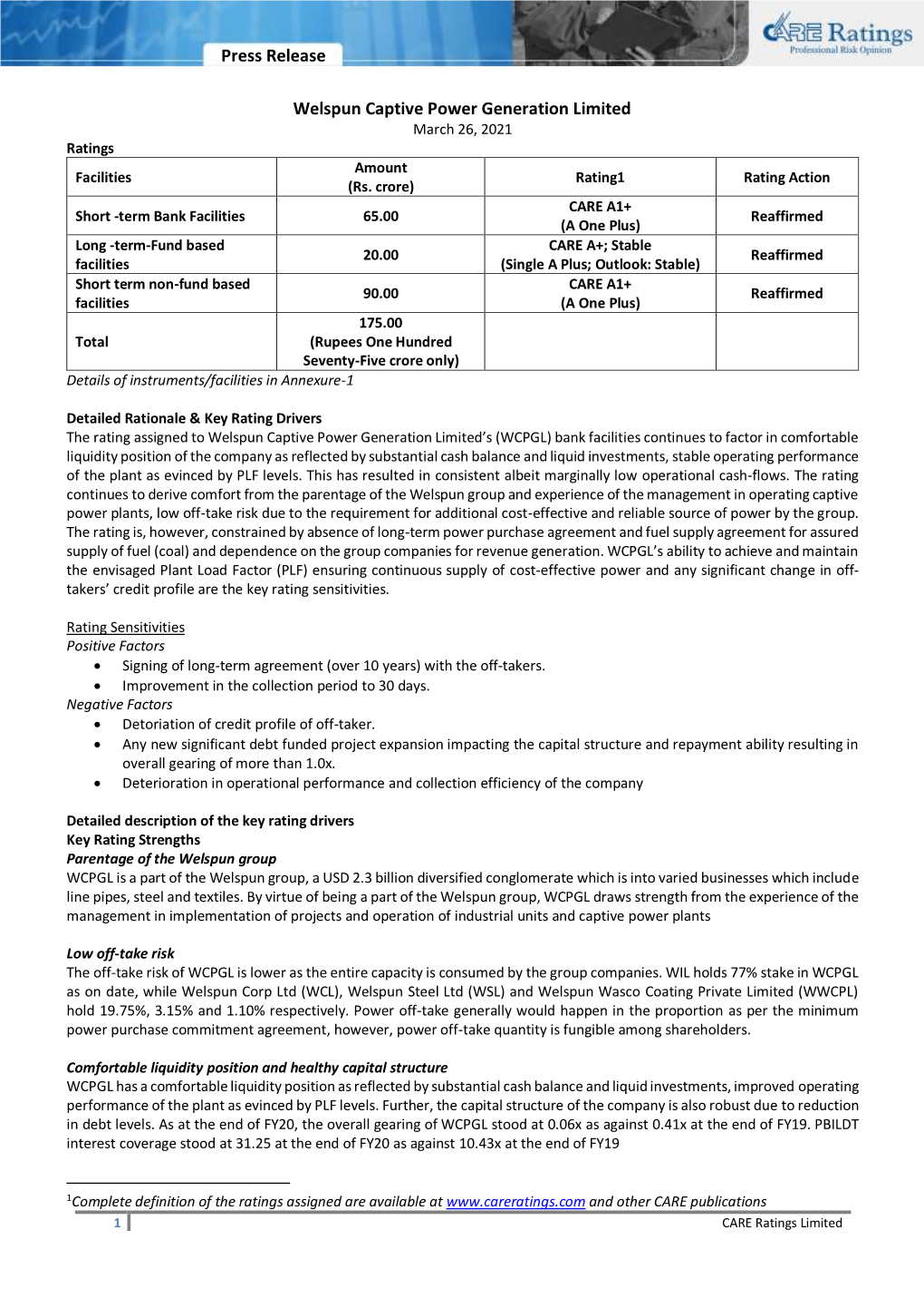 Press Release Welspun Captive Power Generation Limited