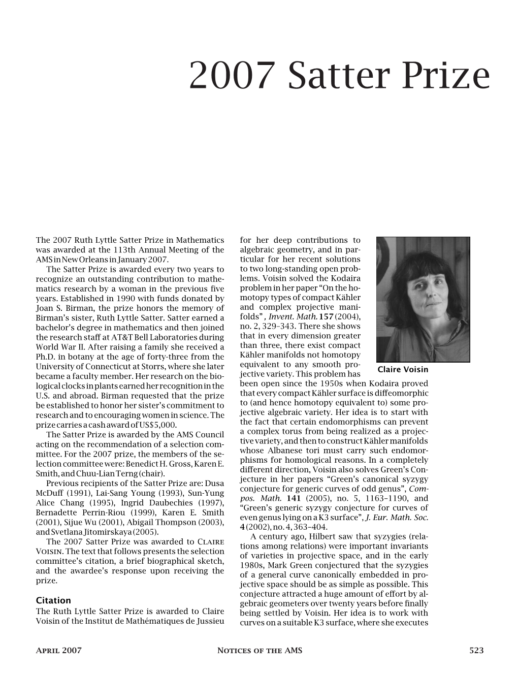 2007 Satter Prize, Volume 54, Number 4