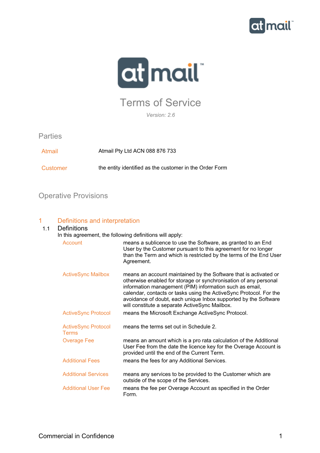 Atmail Terms of Service V2.6