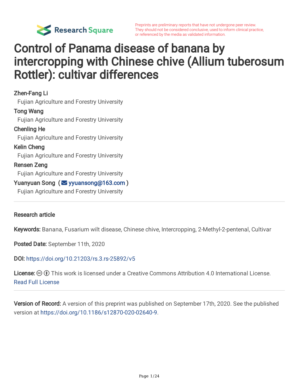 Control of Panama Disease of Banana by Intercropping with Chinese Chive (Allium Tuberosum Rottler): Cultivar Differences