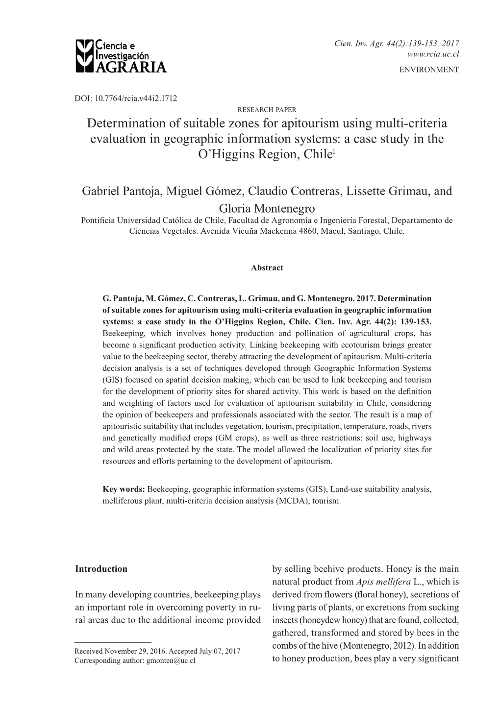 Determination of Suitable Zones for Apitourism Using Multi-Criteria Evaluation in Geographic Information Systems: a Case Study in the O’Higgins Region, Chile1