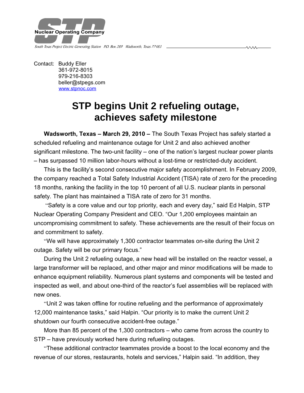 STP Begins Unit 2 Refueling Outage, Achieves Safety Milestone