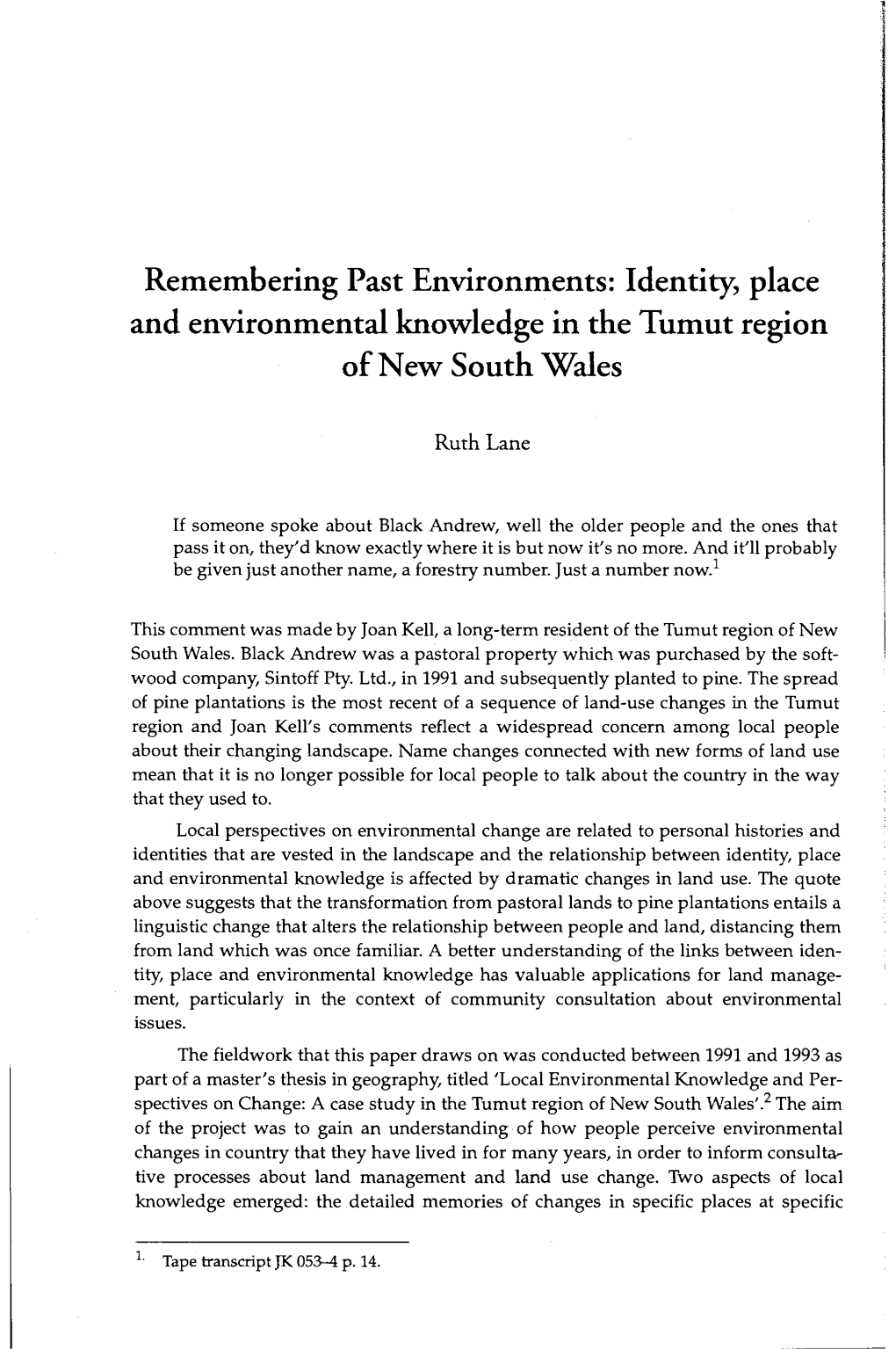 Identity, Place and Environmental Knowledge in the Tumut Region of New South Wales