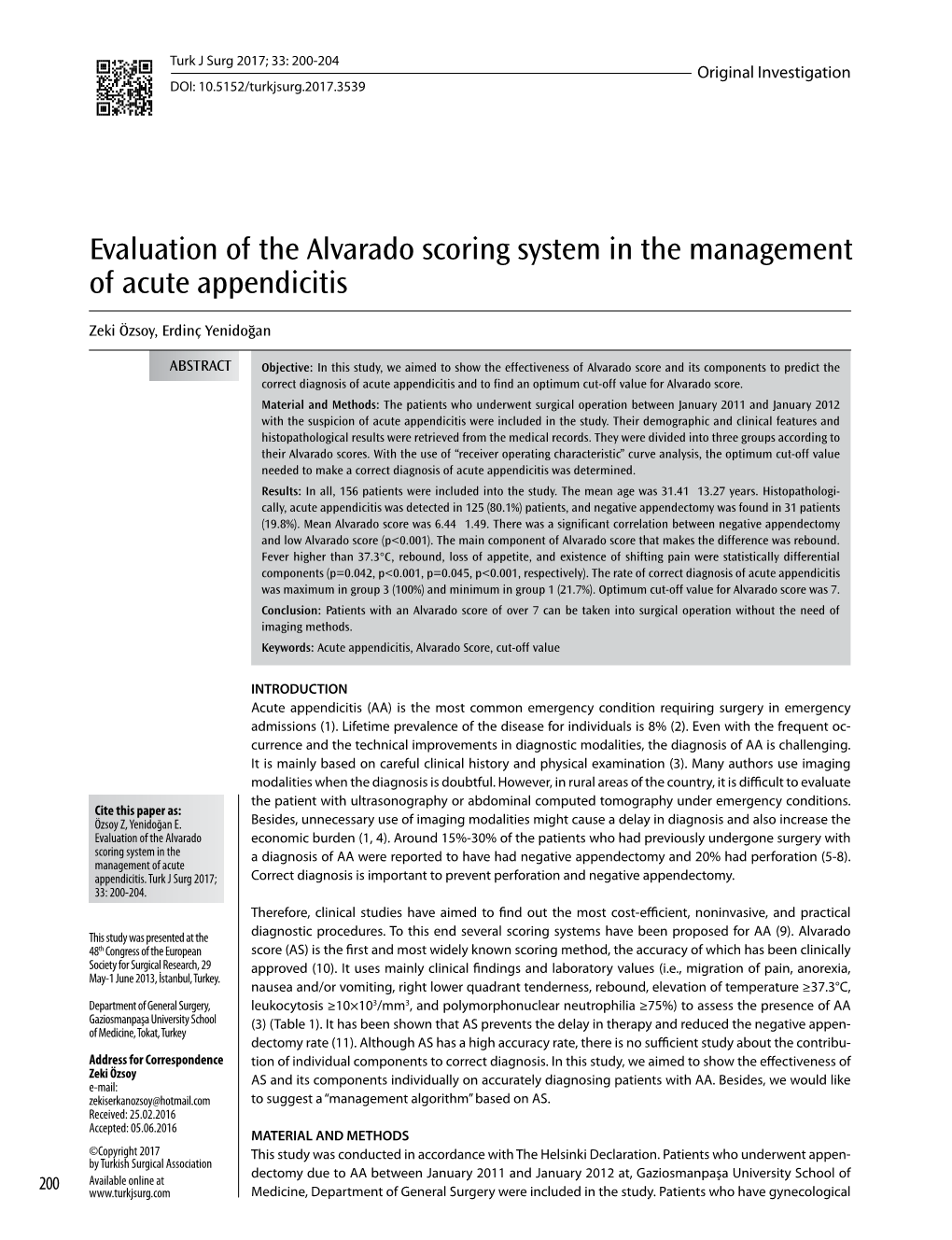Evaluation of the Alvarado Scoring System in the Management of Acute Appendicitis