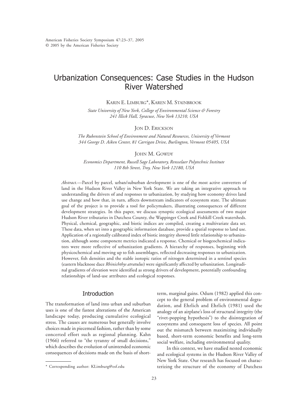 Urbanization Consequences: Case Studies in the Hudson River Watershed