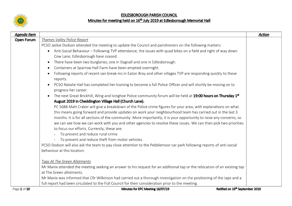 EDLESBOROUGH PARISH COUNCIL Minutes for Meeting Held on 16Th July 2019 at Edlesborough Memorial Hall