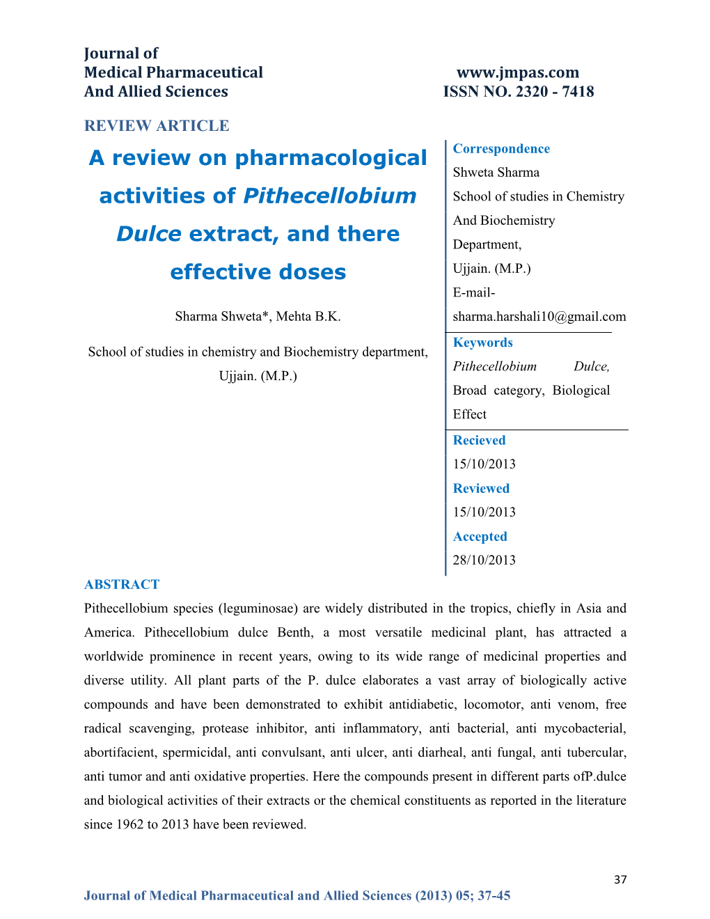A Review on Pharmacological Activities of Pithecellobium Dulce Extract, and There Effective Doses