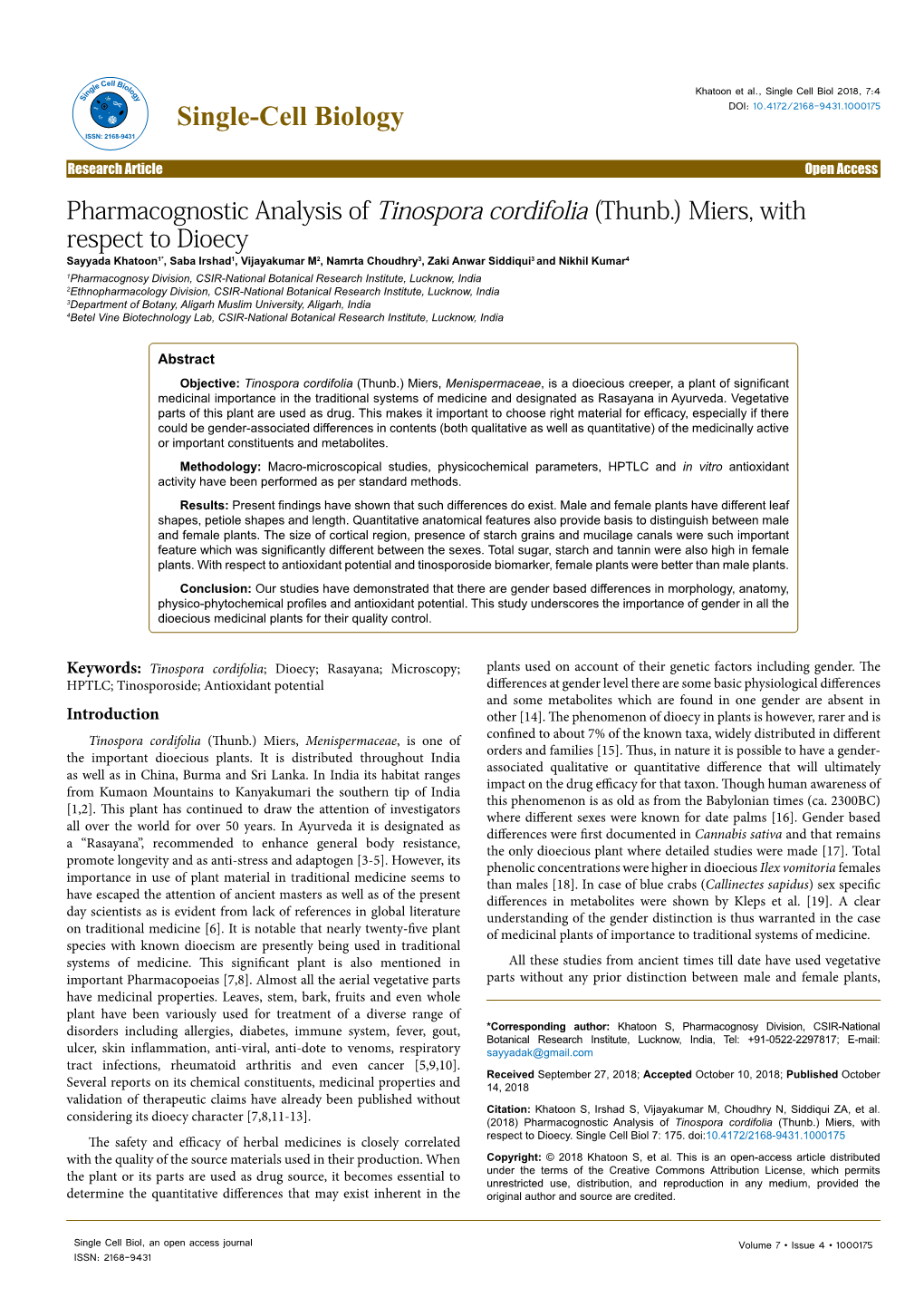 Pharmacognostic Analysis of Tinospora Cordifolia (Thunb.) Miers