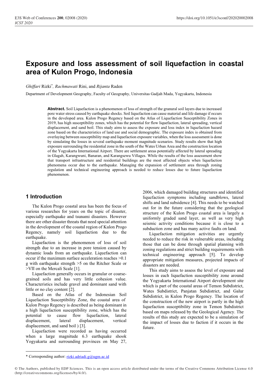 Exposure and Loss Assessment of Soil Liquefaction in Coastal Area of Kulon Progo, Indonesia