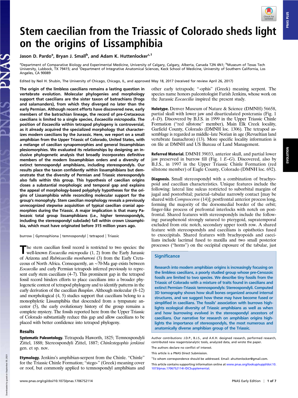 Stem Caecilian from the Triassic of Colorado Sheds Light on the Origins